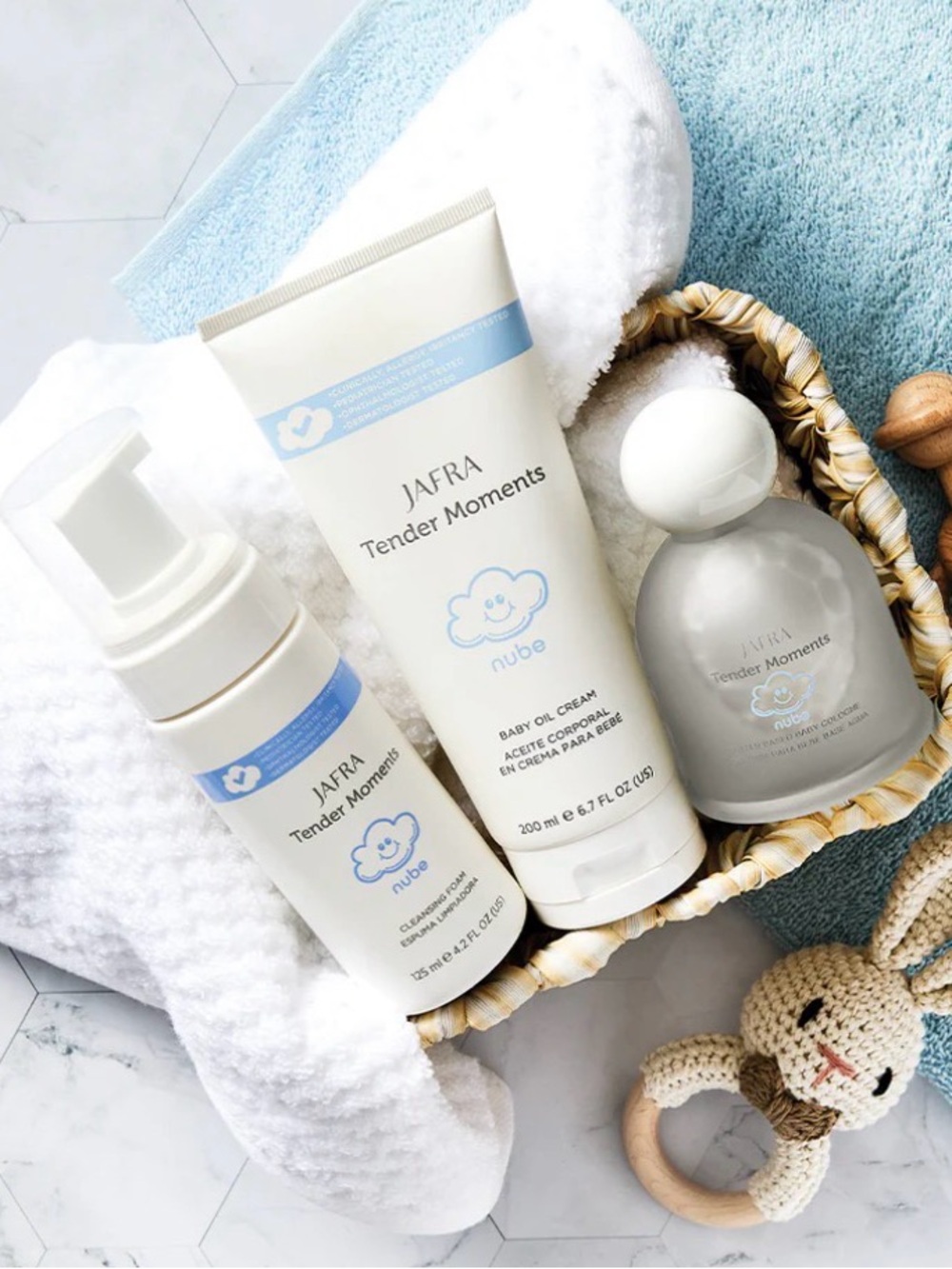 JAFRA Tender Moments Nube Baby Care Trio – White & Blue